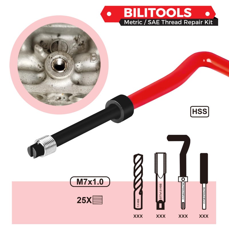 BILITOOLS M7x1.0 Helicoil Thread Repair Kit Metric, HSS Drill Heli Coil Repair Kit - Image 3